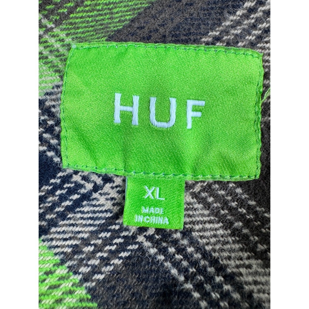 HUF Plaid Flannel Shirt / Jacket Men's XL Long Sleeve Green Black Button Up - Picture 6 of 7